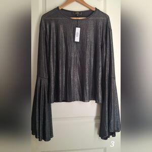 L & B Black & Silver Metallic Long Sleeve Top Size XL NWt Wester Boho Coastal